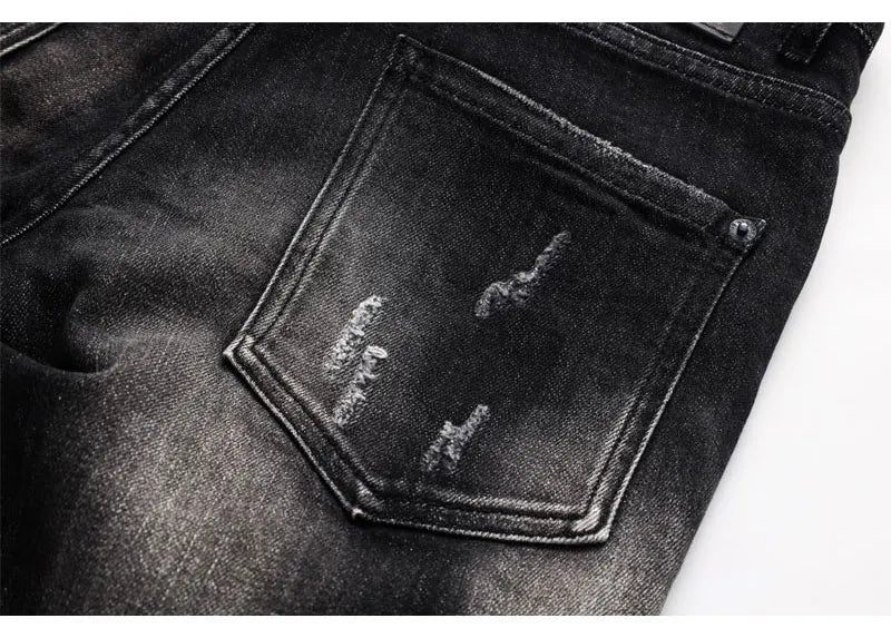 Men's Slim-Fit Distressed Black Grey Denim Jeans