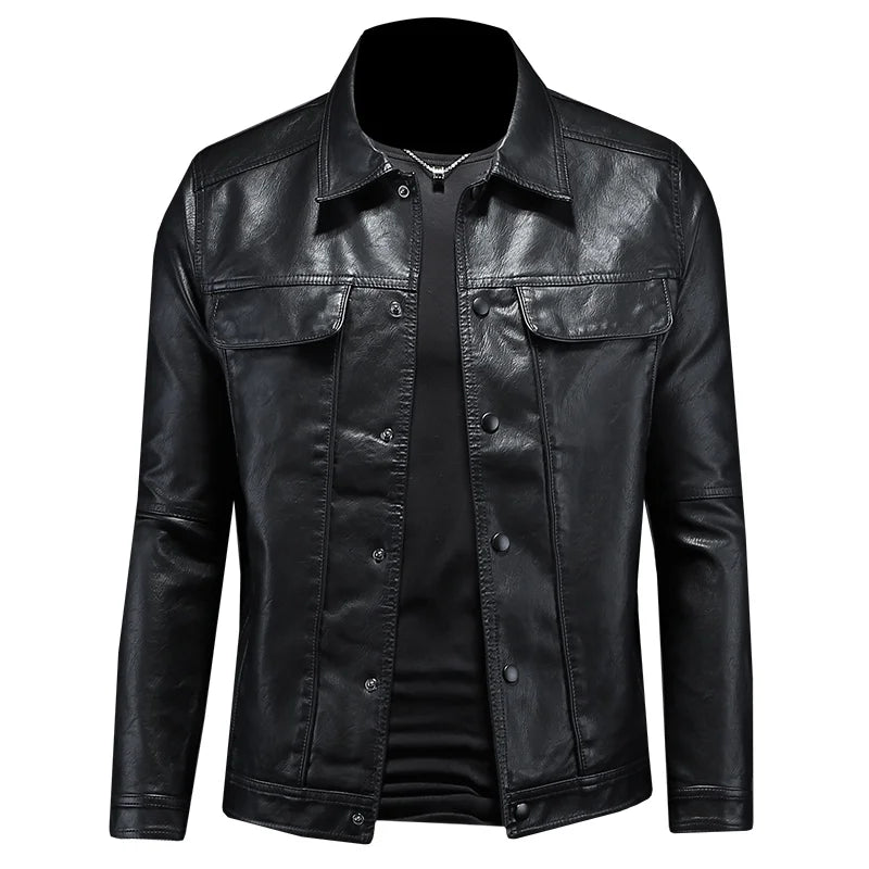 2024 Autumn and Winter New Men's Fashion Handsome with Solid Color Boutique Lapel Motorcycle Leather Coat Slim Fashion  M-5XL