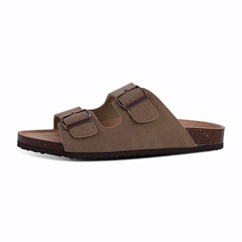 Evshine Leather Cork Footed Clogs Sandals For Women Fashion Flat Mules Slippers with Arch Support Men Double Buckle Cork Slides