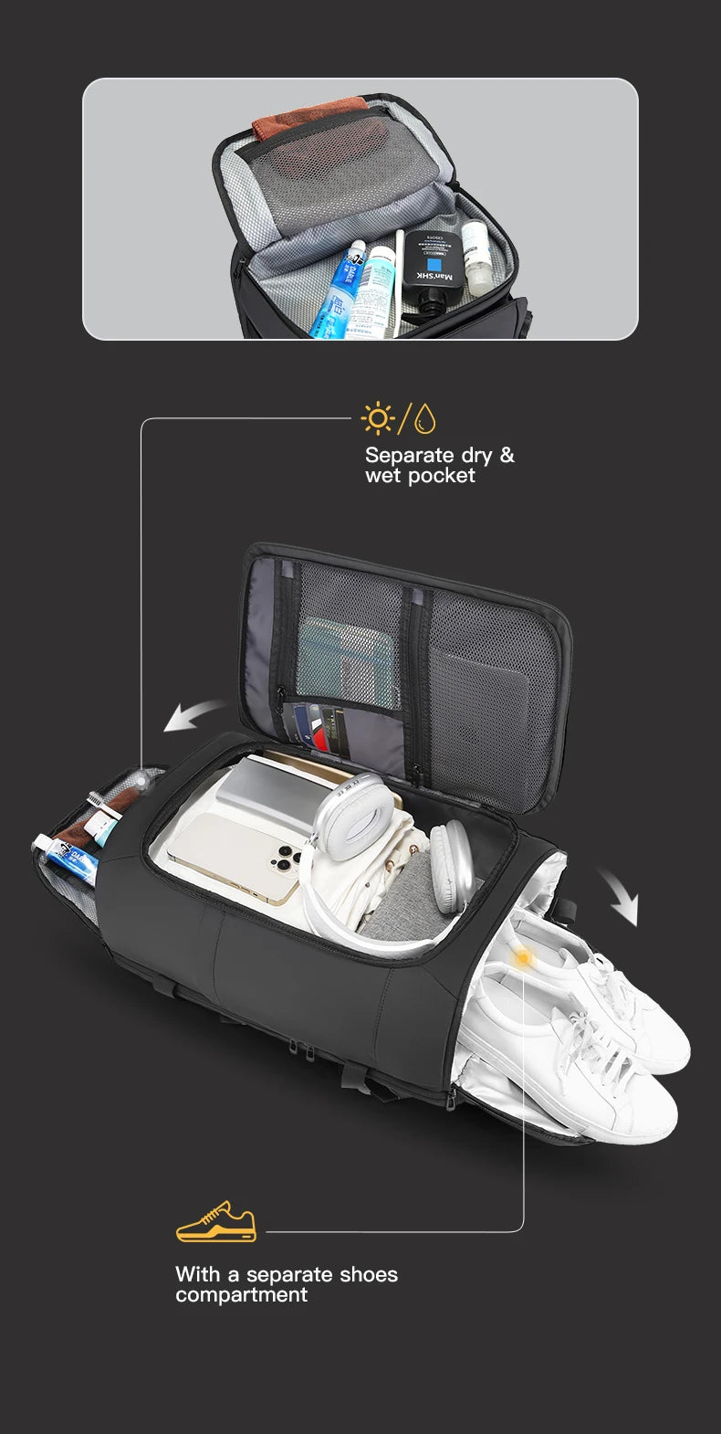 BANGE Multi New Men Backpack Sports Travel Business Large Capacity Dry and Wet Separation Outdoor Hiking with Shoe Compartments