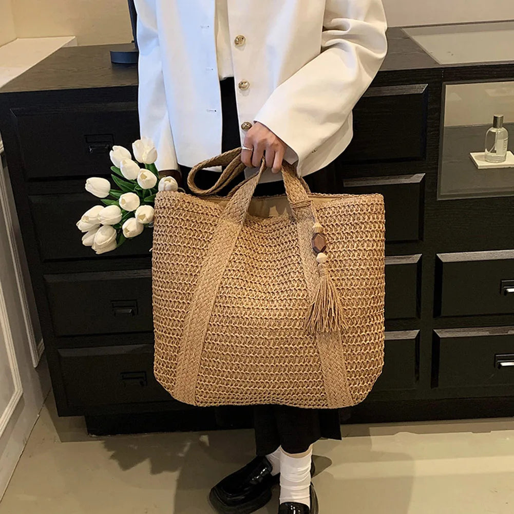 Woven Handbags Ladies Summer Woven Totes Bag with Tassel Women Shoulder Bag Large Capacity Fashion Straw Female Shopper Bag