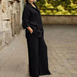 Fashion Cotton Linen Shirt Long Sleeved Women's Set Spring Autumn Loose Cotton  Linen Wide Leg Trousers Female Office 2piece Set
