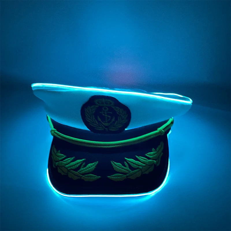 New Luminous White Sailor Captain Yacht Caps Wheat Embroidery LED Glow Navy Marine Hat Men Women Cosplay Halloween Costume Hats