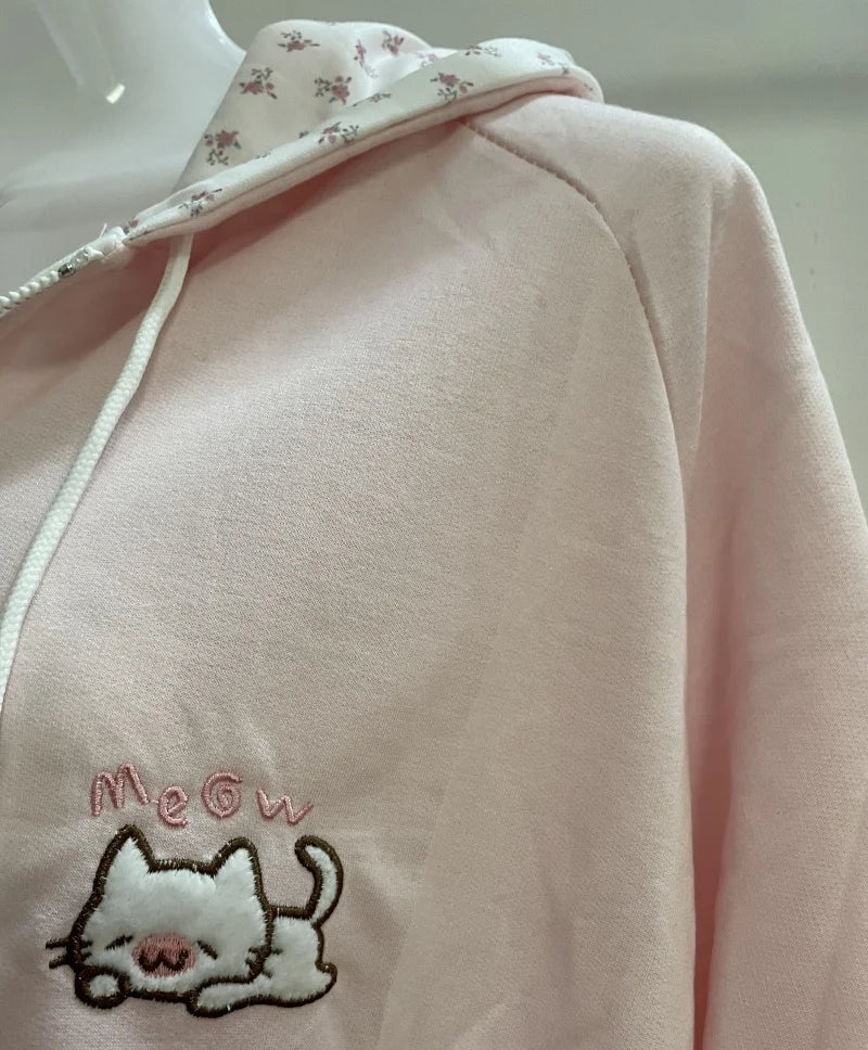 Women's Cat & Floral Print Zip-Up Hoodie