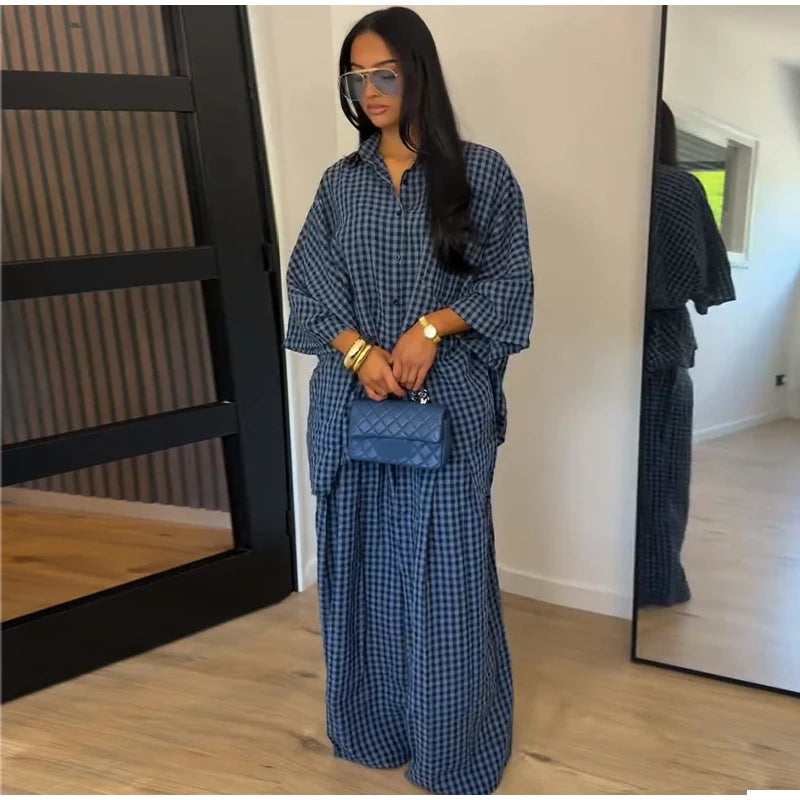 Casual Women's Pants Set Turn-down Collar Shirt Loose Bottom Female Plaid Printing Sets 2026 Summer Fashion Commute Lady Suit
