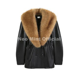 Women's Black Faux Leather Coat with Detachable Collar