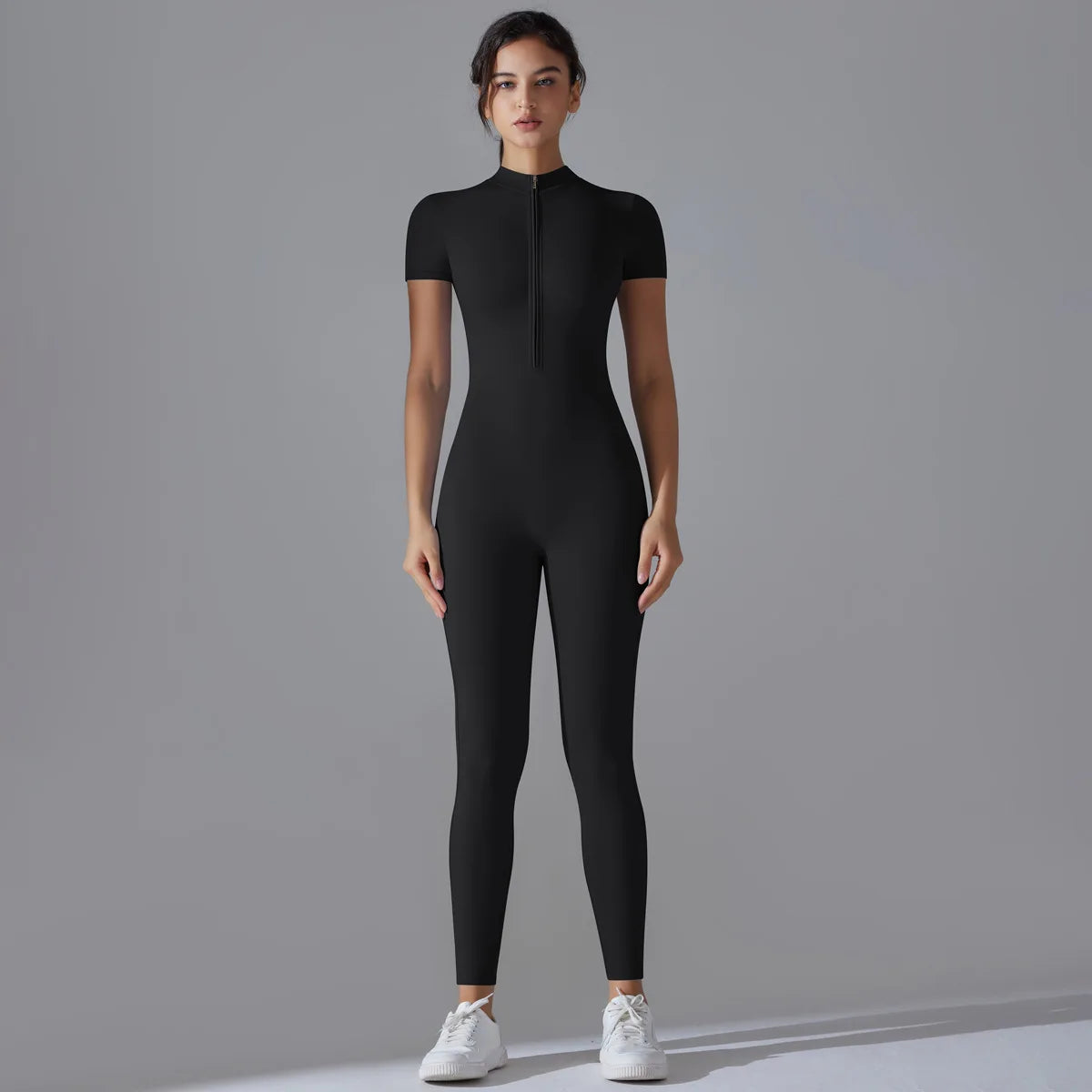 Zip-Front Yoga Jumpsuit - Quick-Dry Short Sleeve Fitness Bodysuit