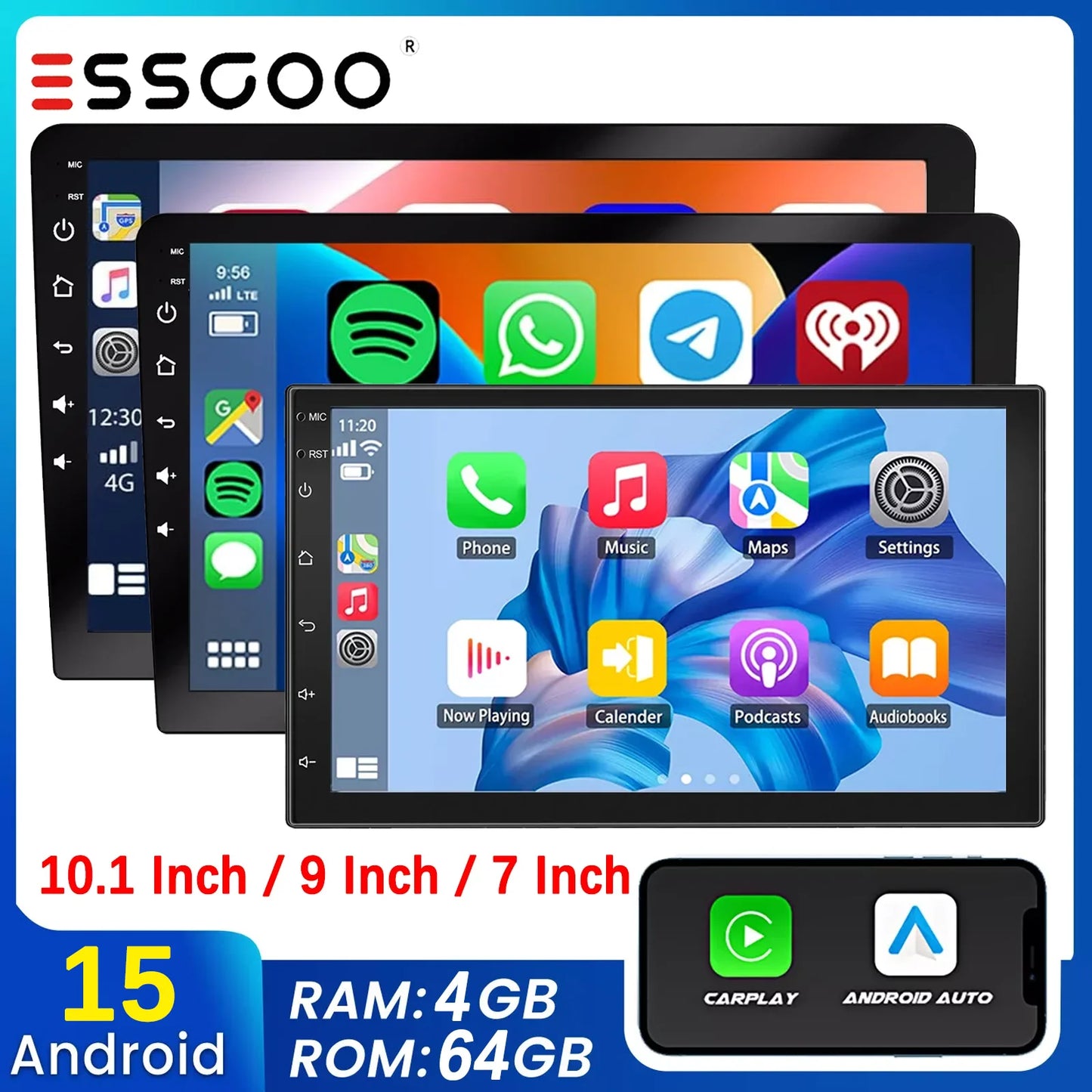 ESSGOO 7"/9"/10" Double Din Car Stereo | Android 14 | CarPlay & Auto