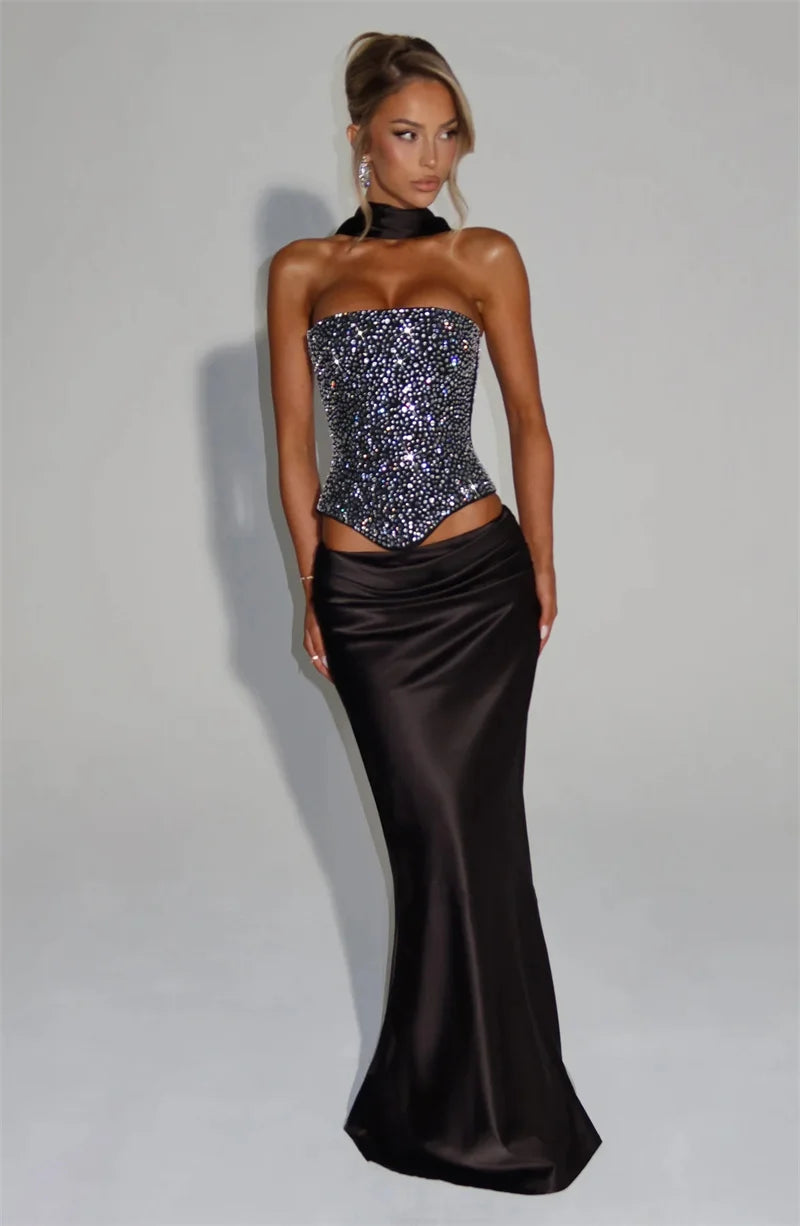 Mozision Sequins Sexy Dress Set Women Sparkle Scarf Collar Crop Tops And Maxi Skirt Elegant Club Party Satin Skirt Matching Set