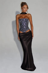 Mozision Sequins Sexy Dress Set Women Sparkle Scarf Collar Crop Tops And Maxi Skirt Elegant Club Party Satin Skirt Matching Set
