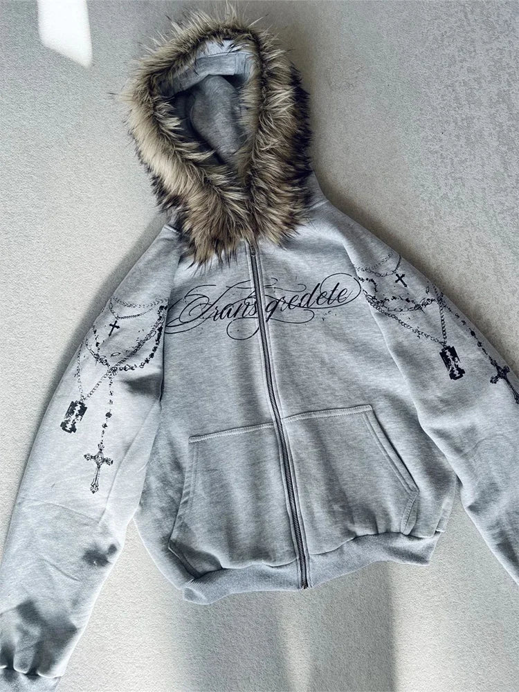 Winter Fashion Streetwear Women's Gothic Punk Faux Fur Hooded Jacket With Cross Print Trendy Edgy Zip - Up Sweatshirt 2026 New