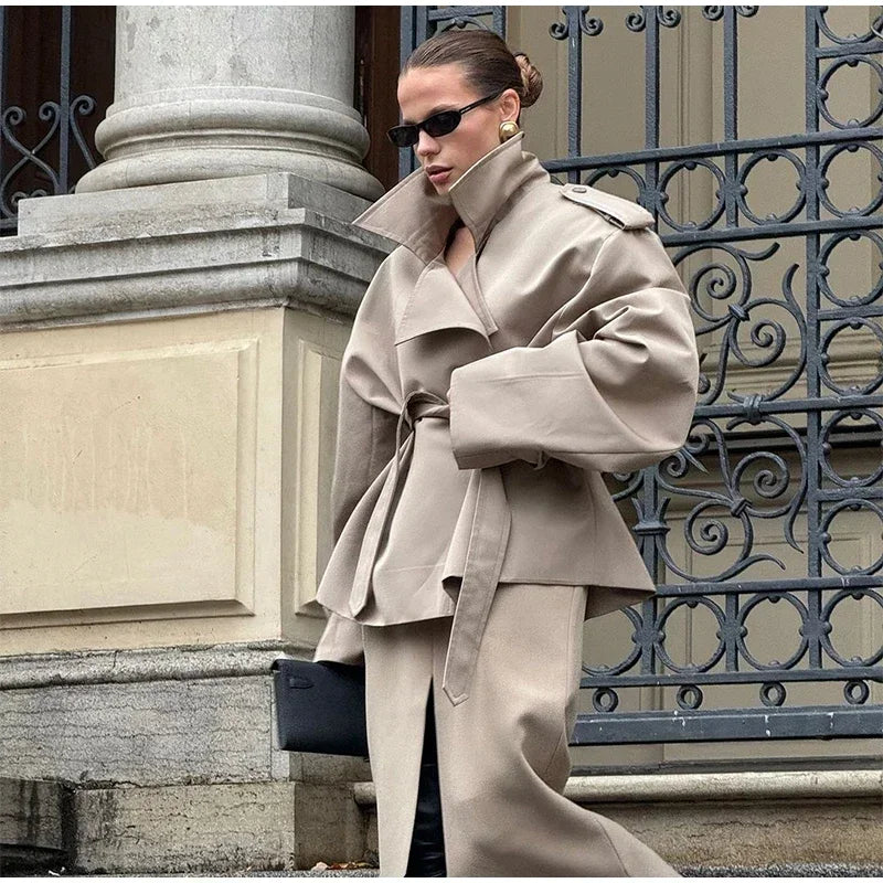Elegant Lapel Lace-Up Overcoat