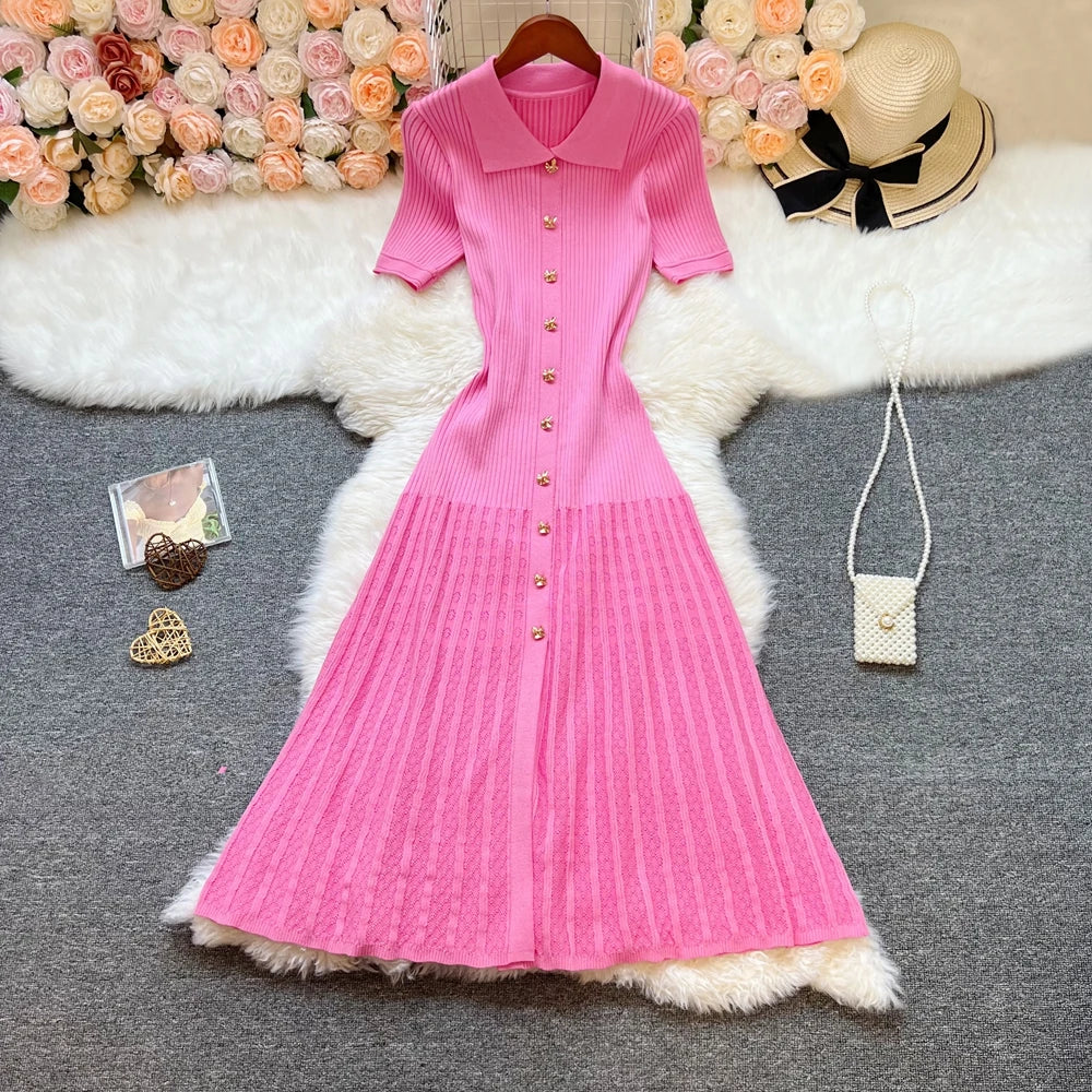 Elegant Collared Knit A-Line Midi Dress