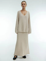 Women's V-Neck Knitted Sweater & Ankle-Length Skirt 2-Piece Set