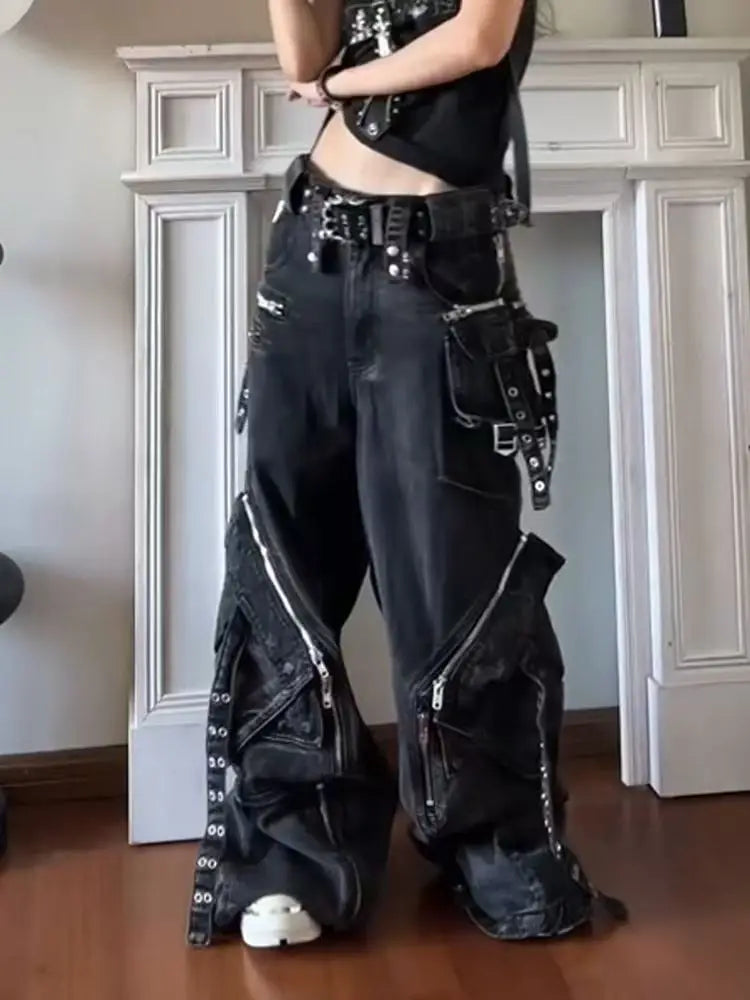 Gothic Punk Wide-Leg Cargo Jeans | Y2K Baggy Denim
