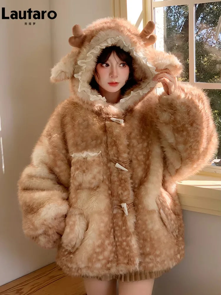Women's Hooded Faux Fur Coat with Deer Ears