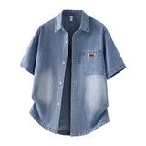 Men's Casual Black Denim Shirt Short Sleeve Loose Fit Gradient Washed RESPECT Embossed Summer Streetwear Button Up Blouse