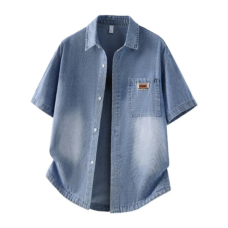 Men's Casual Black Denim Shirt Short Sleeve Loose Fit Gradient Washed RESPECT Embossed Summer Streetwear Button Up Blouse