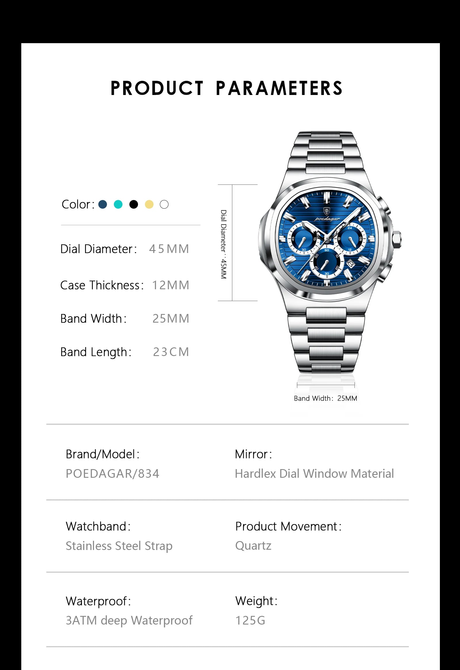 POEDAGAR Top High Quality Man Watch Luminous Waterproof Stainless Steel Men Clock Date Chronograph Quartz Business Men's Watches