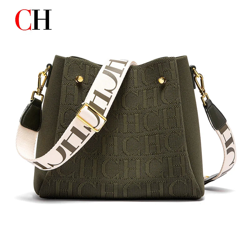 CH New Jacquard Letter Women Bucket Bag Wide Printed Strap Crossbody Purse Large Capacity Ladies Casual Daily Handbag Gift