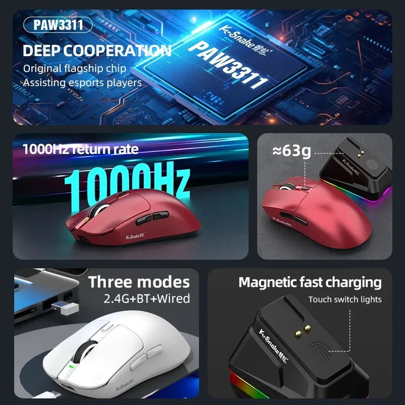 X11 Tri-Mode Wireless Gaming Mouse, 63g Lightweight, PAW3311 Sensor, 12000 DPI, Magnetic RGB Charging Dock