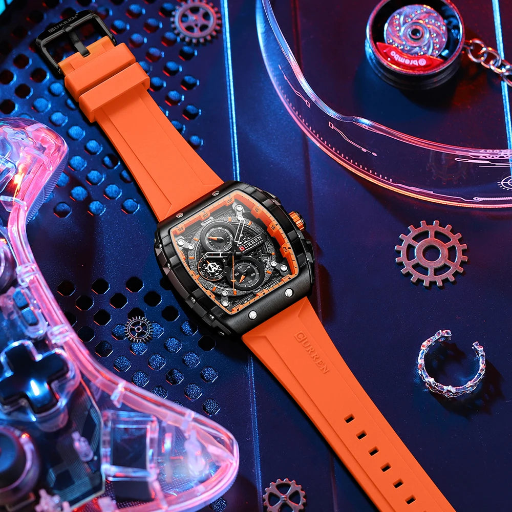 Men’s Sport Quartz Watch – Yellow Silicone Strap, Luminous Auto Date Square Dial