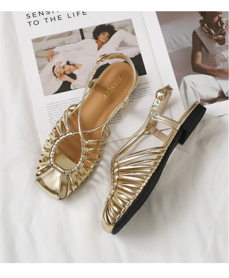 Women's Narrow Band Roman Flat Sandals — Buckle Strap Gladiator Beach Shoes