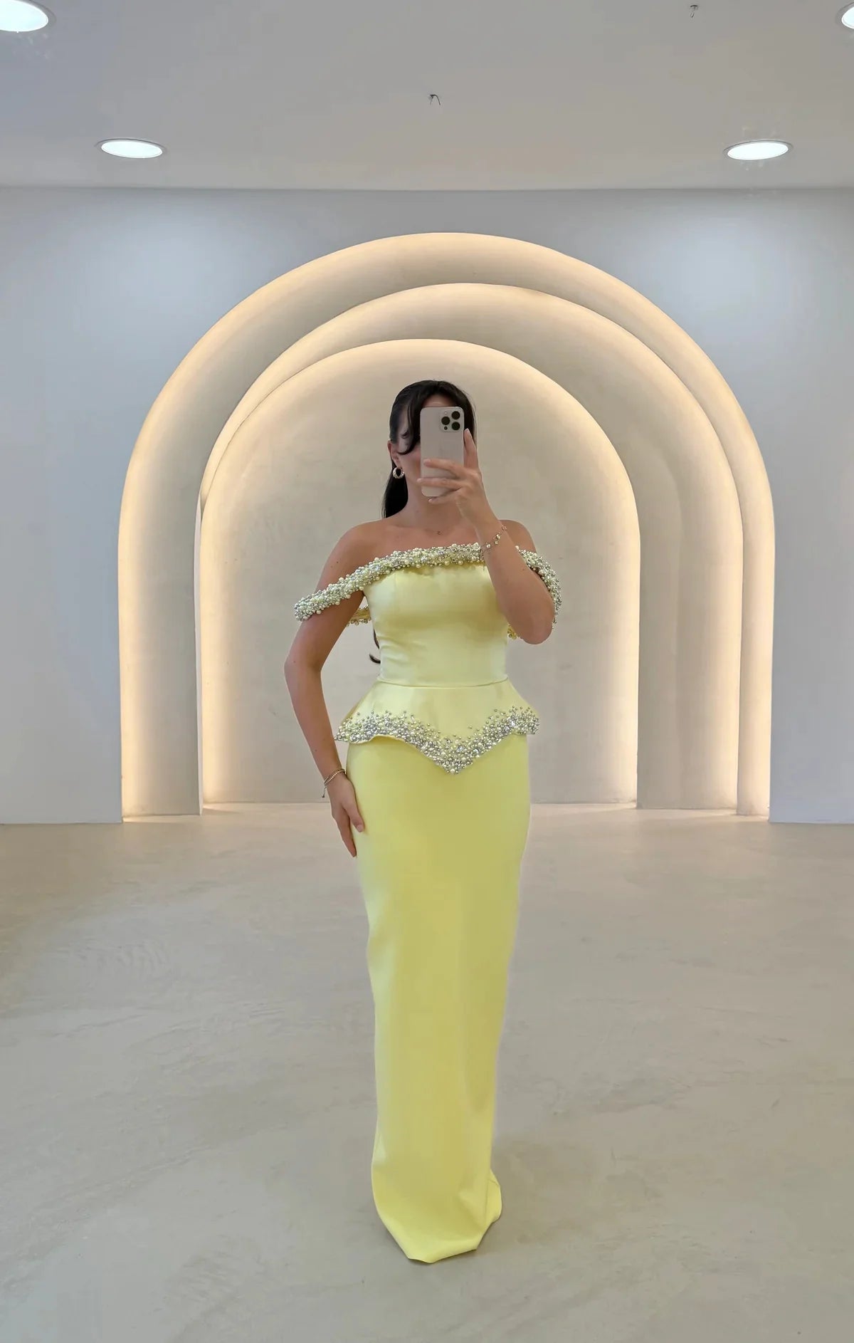 Blue Mermaid Off-Shoulder Evening Gown with Pearl Beading
