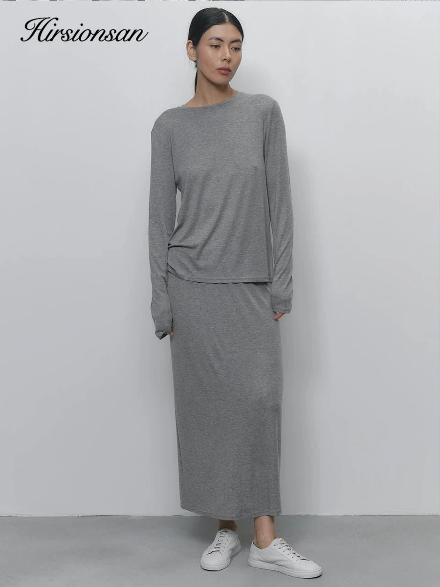 Hirsionsan Modal Soft Loose Sets Women 2026 Casual Two Pieces Long Sleeve T Shirts and High Waist Dresses Outfits Tracksuit