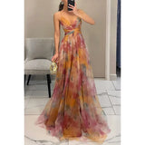 USA-Made Summer Floral Mesh Strap V-Neck Maxi Dress | Casual Holiday Party Long Skirt