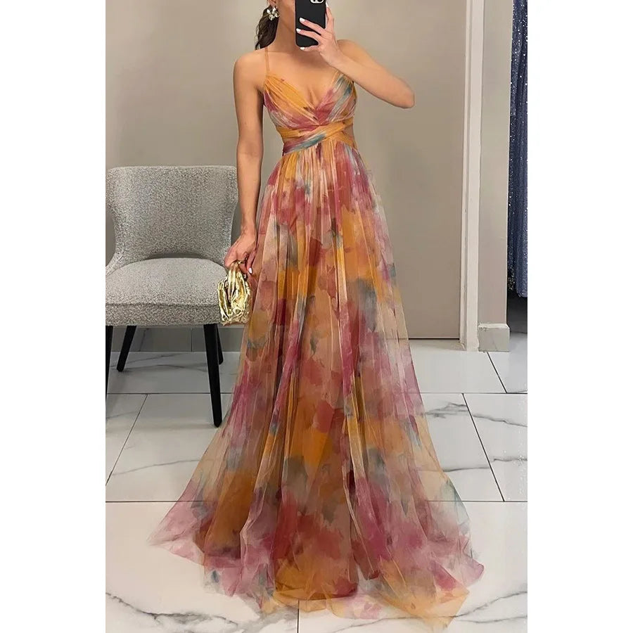 USA-Made Summer Floral Mesh Strap V-Neck Maxi Dress | Casual Holiday Party Long Skirt