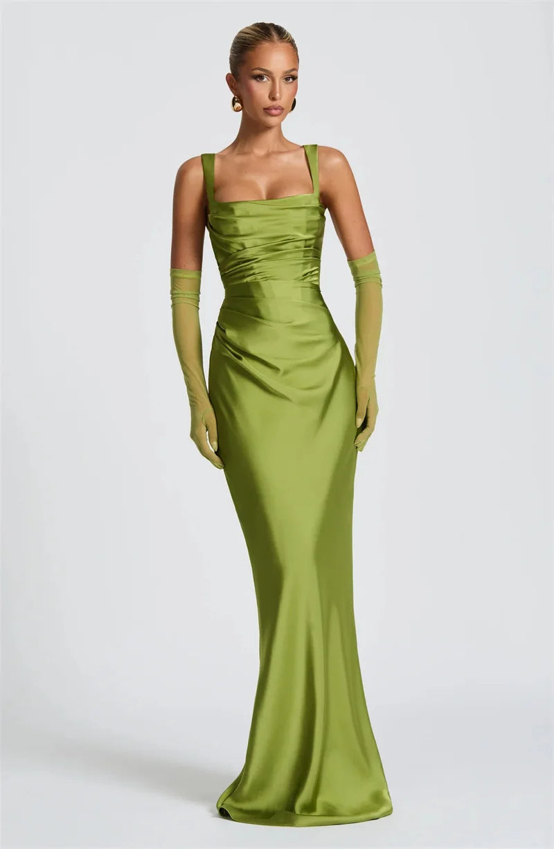 Elegant Backless Satin Maxi Dress – Sleeveless Halter Bodycon Party Gown