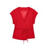 2-Piece Sleeveless V-Neck Trouser Set with Belt – Summer Commuter Wide Leg Suit