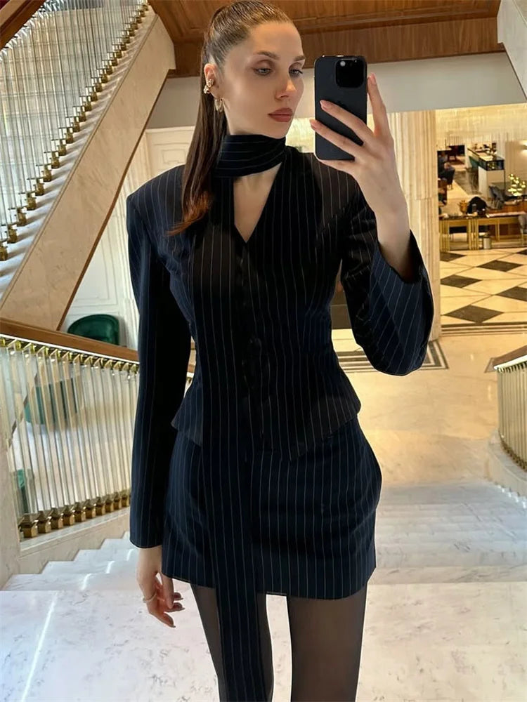 Tossy 3 Piece-Set Female Suit Mini Skirt Elegant Striped Commute Patchwork Fashion Luxury V-Neck Party Looks For Women Suit Sets