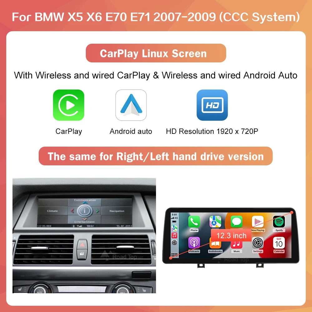 RoadTop 10.25"/12.3" Wireless CarPlay & Android Auto Screen for BMW X5 X6