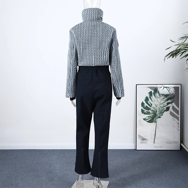 Elegant Geometric Print Ski Jumpsuit - High-Waist Winter Romper