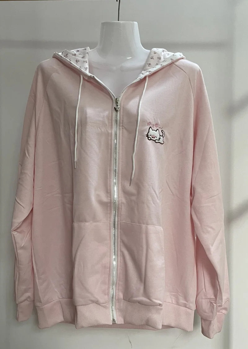Women's Cat & Floral Print Zip-Up Hoodie