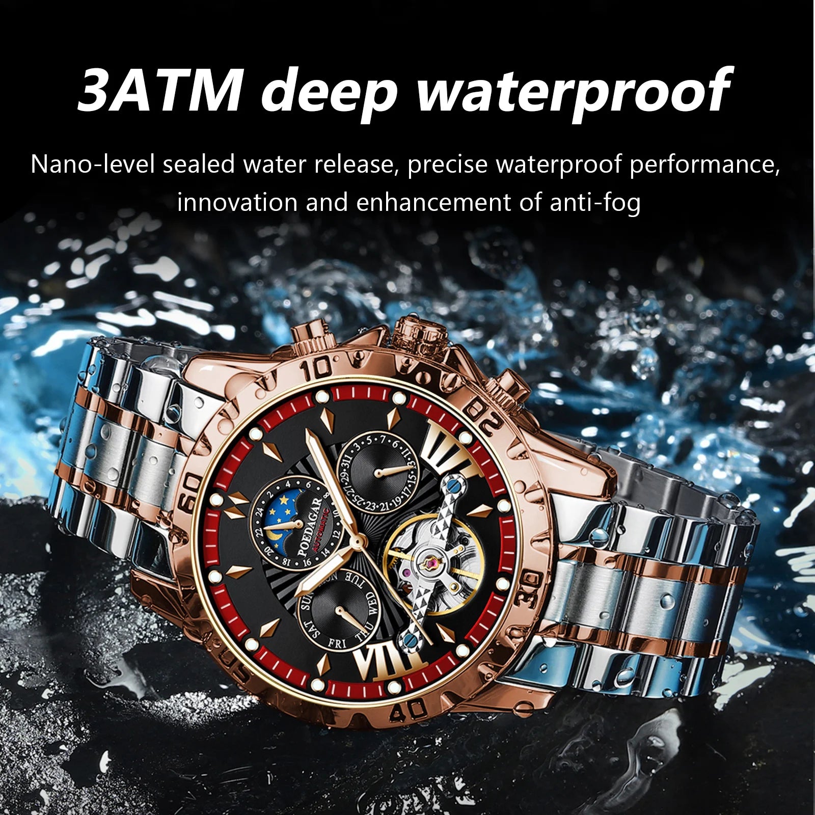 POEDAGAR Luxury Men Watch Luminous Waterproof Hollow Tourbillon Male Clock Week Date Business Automatic Mechanical Men's Watches