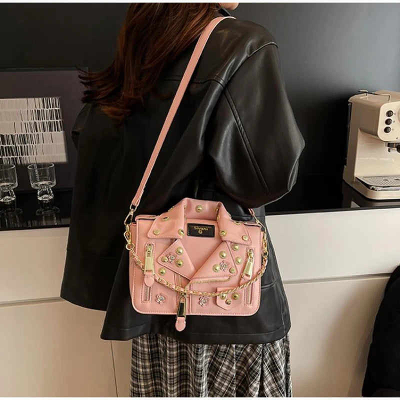 Jacket Collar Shaped Crossbody Shoulder Bag,Women Metal Flower Studded Handbag ,Niche Designer Streetwear Fashion Rivet Tote Bag