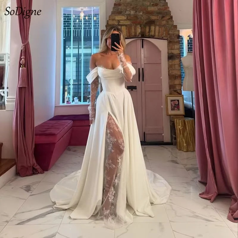 A-line Wedding Dresses Off Shoulder Long Sleeve Satin/Lace Bridal Dress Elegant Bride Gown vestidos de novia customized