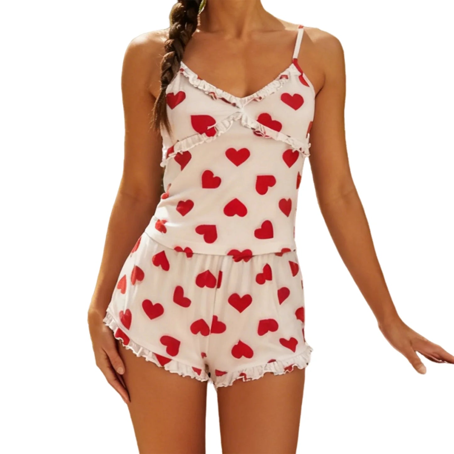 Heart Print Ruffled V-Neck Lounge Set