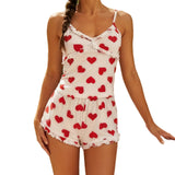 Heart Print Ruffled V-Neck Lounge Set