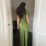 Women Elegant Green Satin Maxi Dress Lace Slit Asymmetric High Neck Draped One-sleeve Slim Fit Lgown Formal Evening Party Outfit