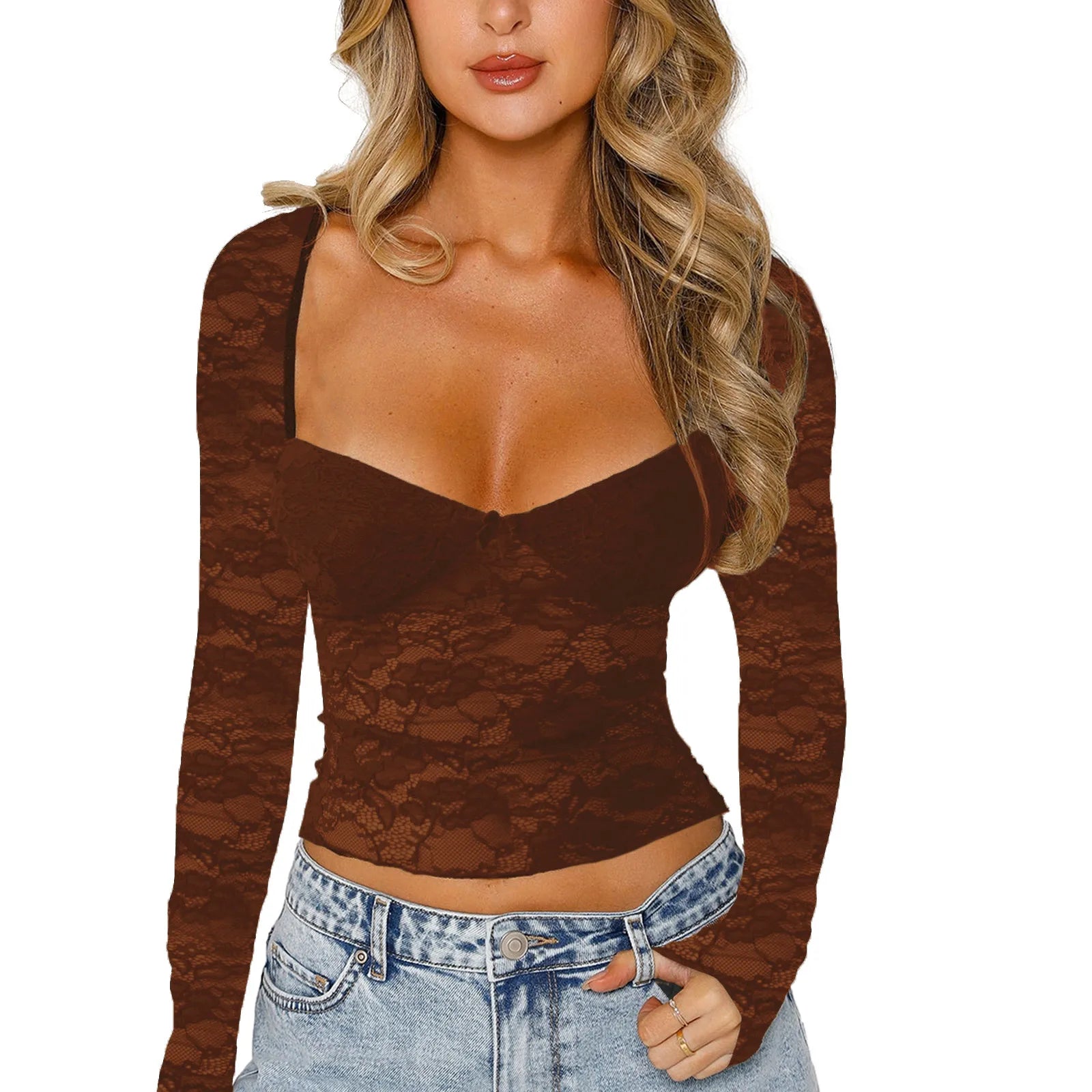 Floral Lace Long Sleeve Crop Top