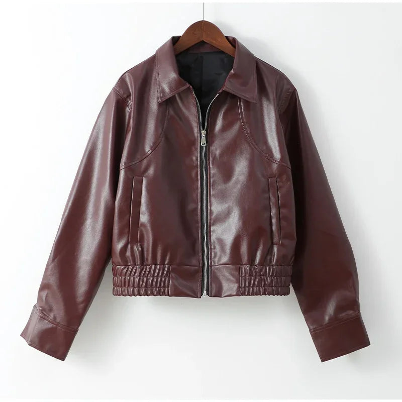 Vintage Wine Red Loose Short Leather Jacket Women Fashion Lapel Long Sleeves Zipper Cropped Coat 2025 Autumn Lady Street Outwear