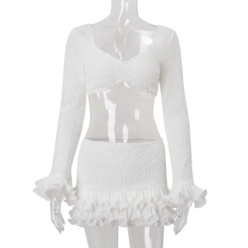 Shestyle Texture White Women 2 Piece Sets Autumn Ruffles Super Short Crop Tops V Neck Sheath Skirts Brand Design Party Outfits