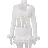 Shestyle Texture White Women 2 Piece Sets Autumn Ruffles Super Short Crop Tops V Neck Sheath Skirts Brand Design Party Outfits