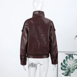 2026 Autumn Women's Faux Leather Jacket Brown Black Long Sleeve Stand Collar Thick Loose Lady Coat Fashion Motorcycle Streetwear