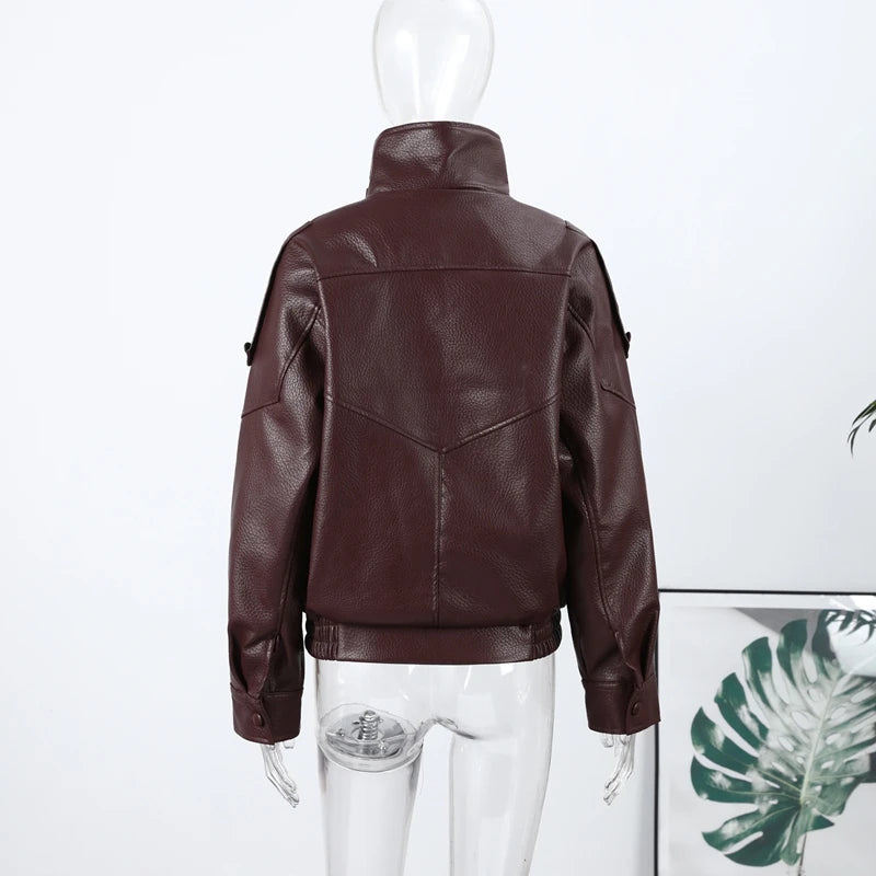 2026 Autumn Women's Faux Leather Jacket Brown Black Long Sleeve Stand Collar Thick Loose Lady Coat Fashion Motorcycle Streetwear