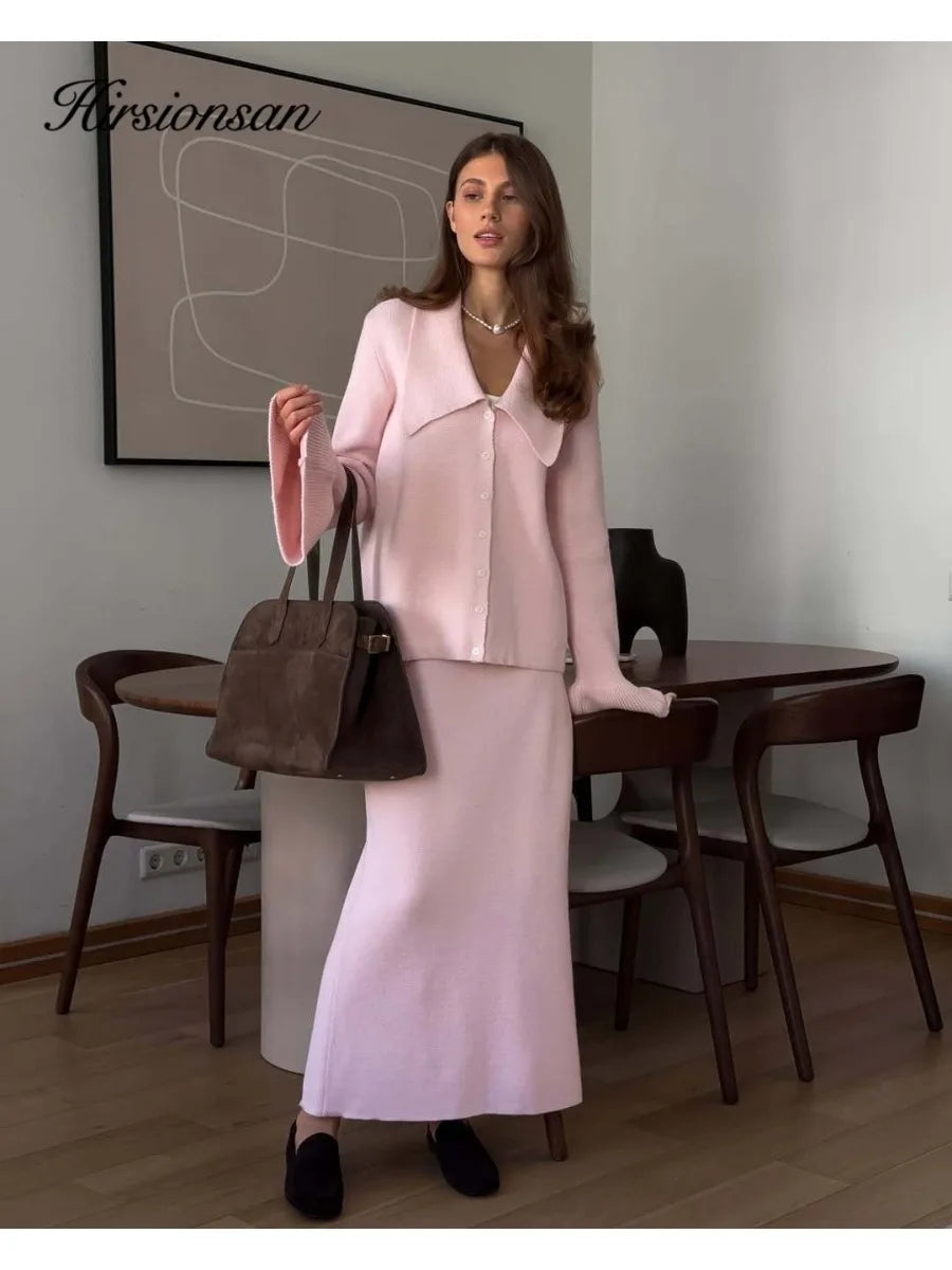 Hirsionsan Sexy Soft Elegant Vintage Women Suits 2 Pieces Female Sets Polo Neck Cardigan Sweater & Midi Dress Knitted TrackSuit